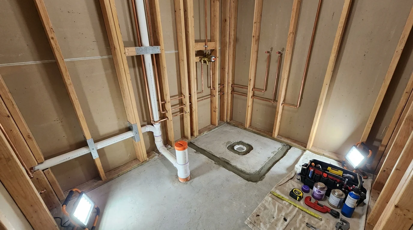 Bathroom rough-in plumbing during remodel by Johns Plumbing LLC in Valley Stream