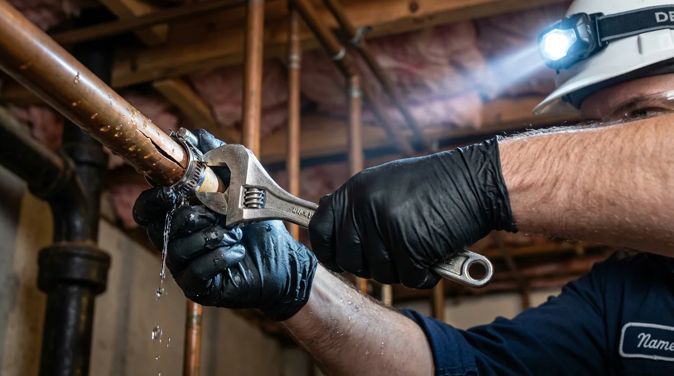 Emergency pipe clamp repair being performed by a Johns Plumbing LLC plumber in Valley Stream