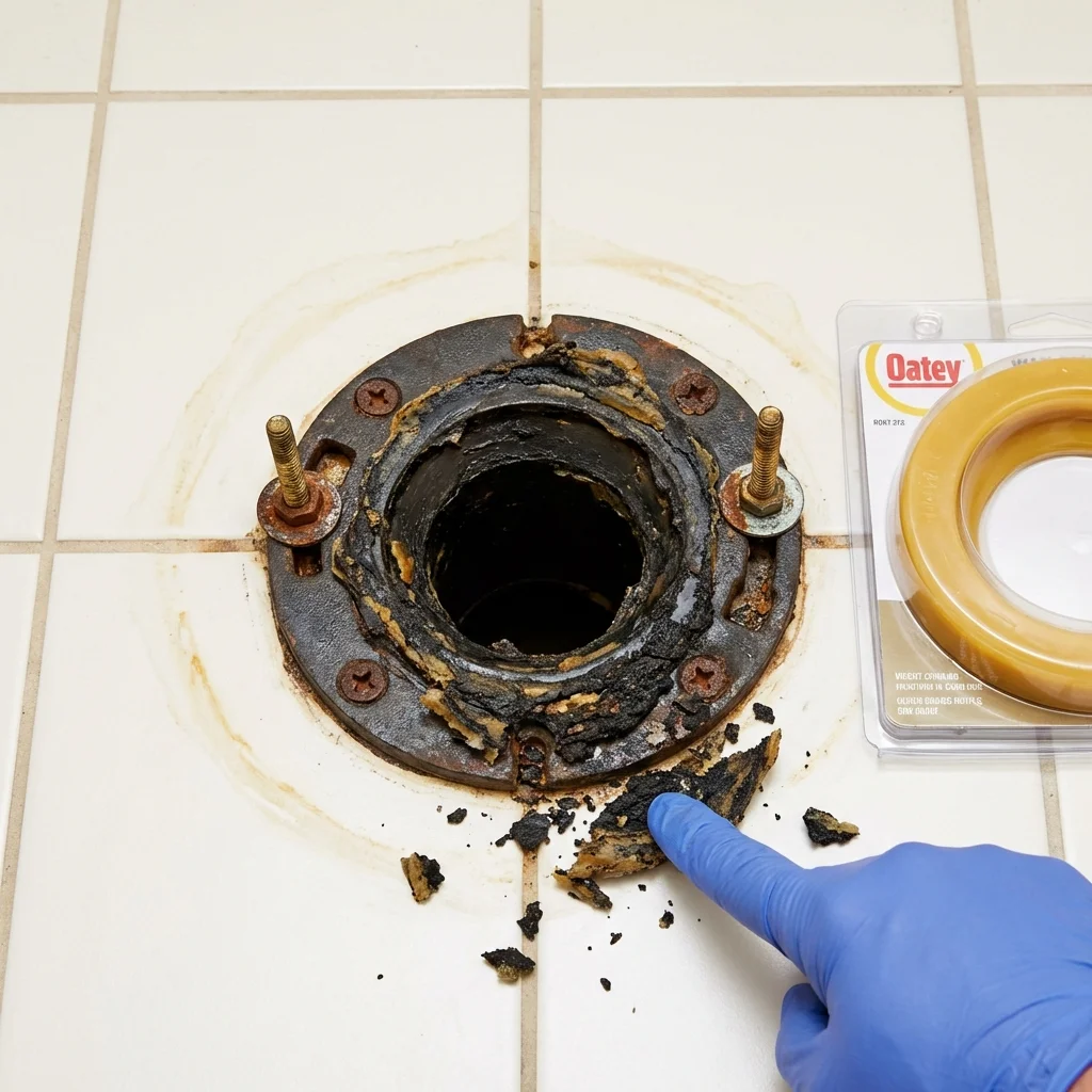 Failed wax ring showing water seepage at the base of a toilet in a Valley Stream, NY home