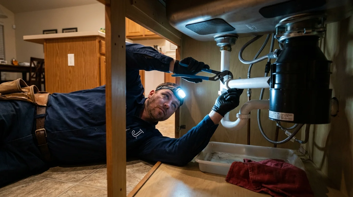 P-trap and supply line connections under a kitchen sink showing a common leak point in Valley Stream, NY
